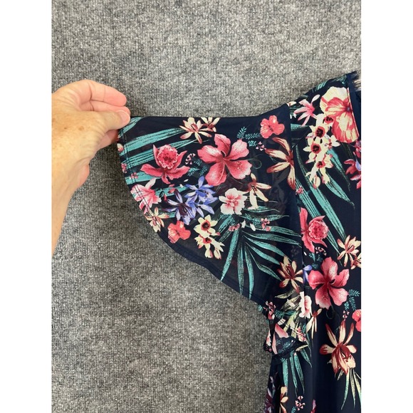 French Blue Floral Mesh Top Women 2X Navy Pink Excellent Flutter Sleeve V-Neck - Picture 3 of 11